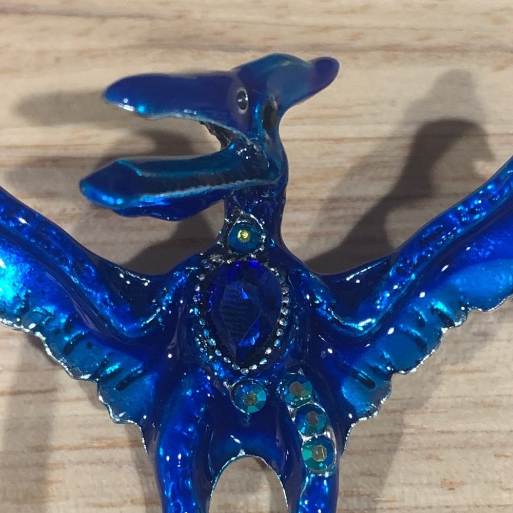 Blue Enamel Pterodactyl Dinosaur Brooch Pin Rhinestone Whimsical Statement Gift - Picture 2 of 6
